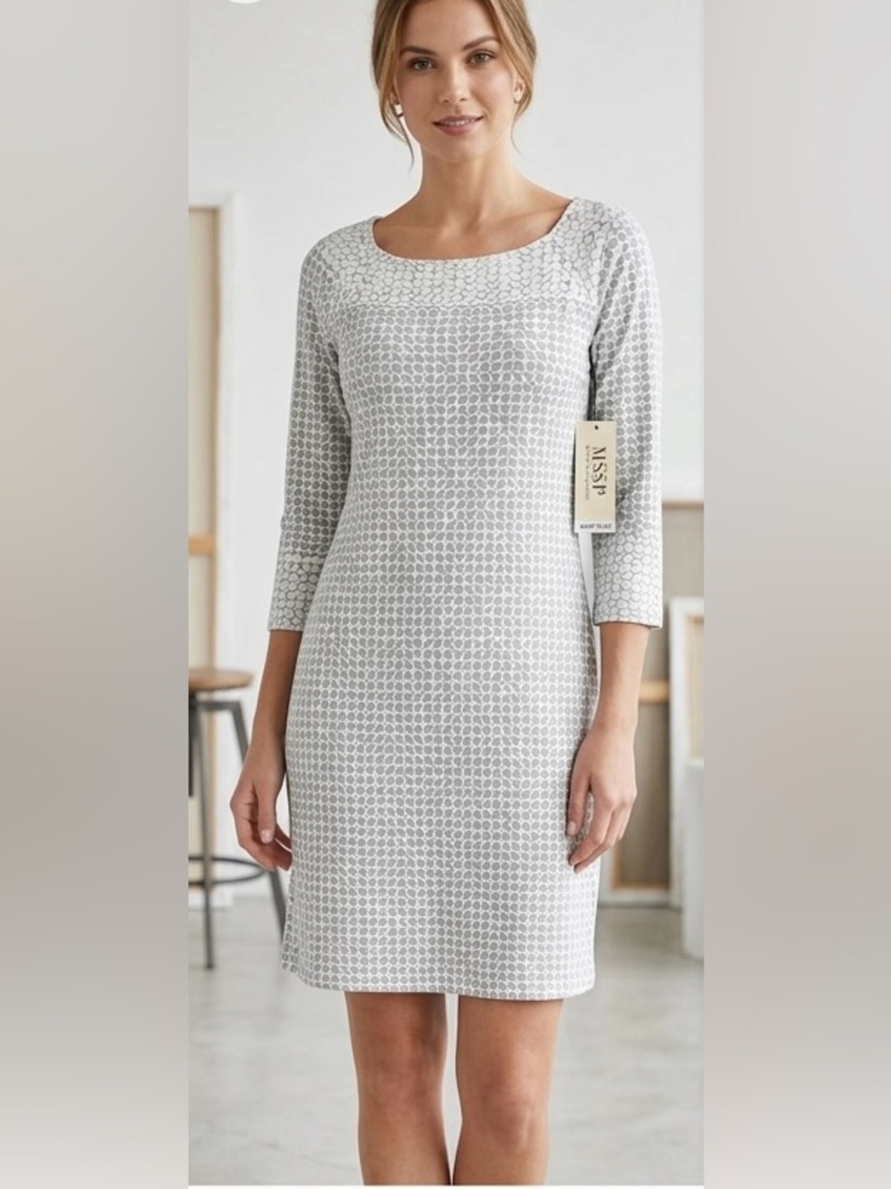 Max Studio Specialty Products Gray & White Geometric Shift Dress Small NWT